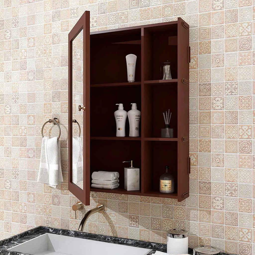 Designer Rectengular Shaped Wooden Bathroom Mirror Cabinet with 5 Spacious Shelves with Brown Finish - Decor Smart