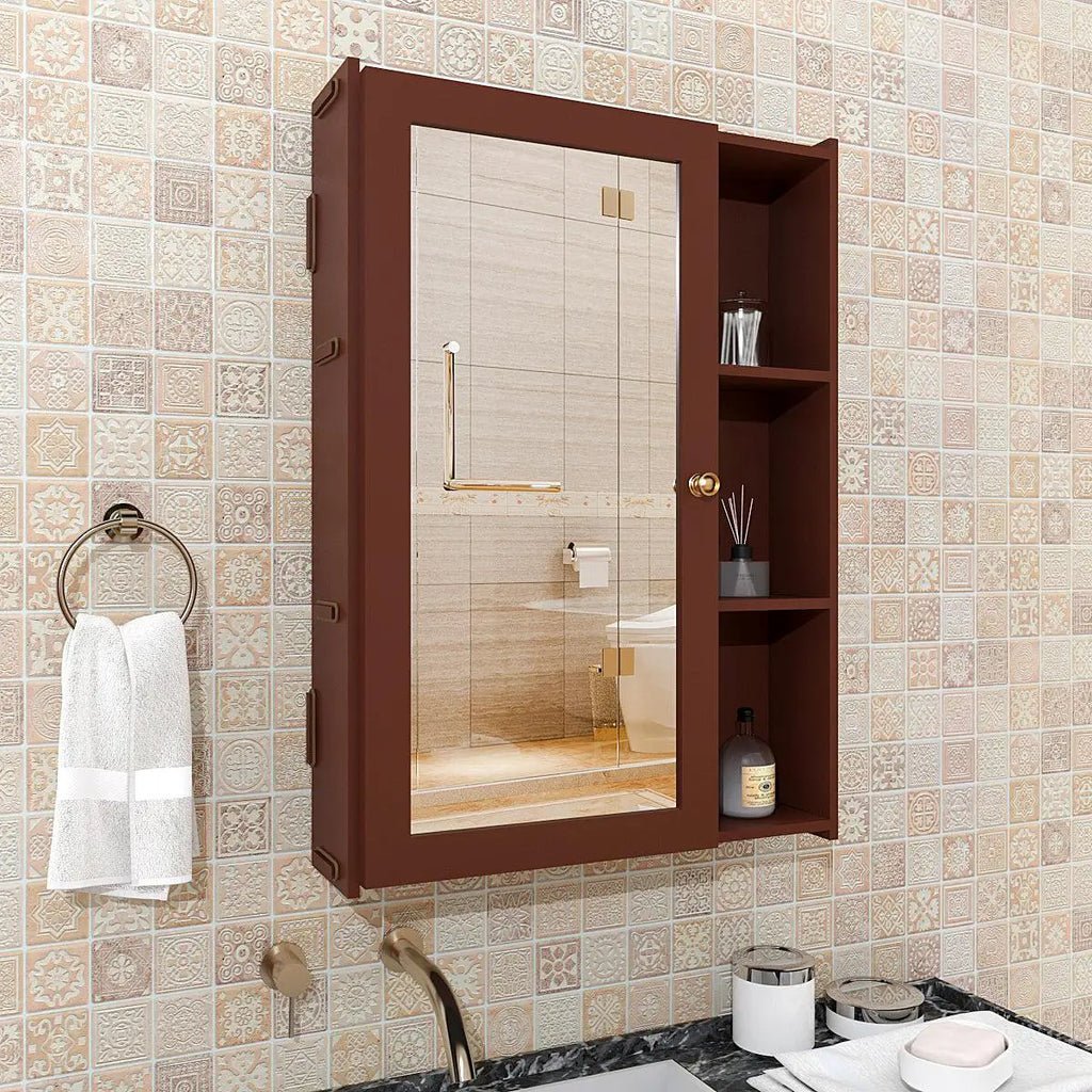 Designer Rectengular Shaped Wooden Bathroom Mirror Cabinet with 5 Spacious Shelves with Brown Finish - Decor Smart