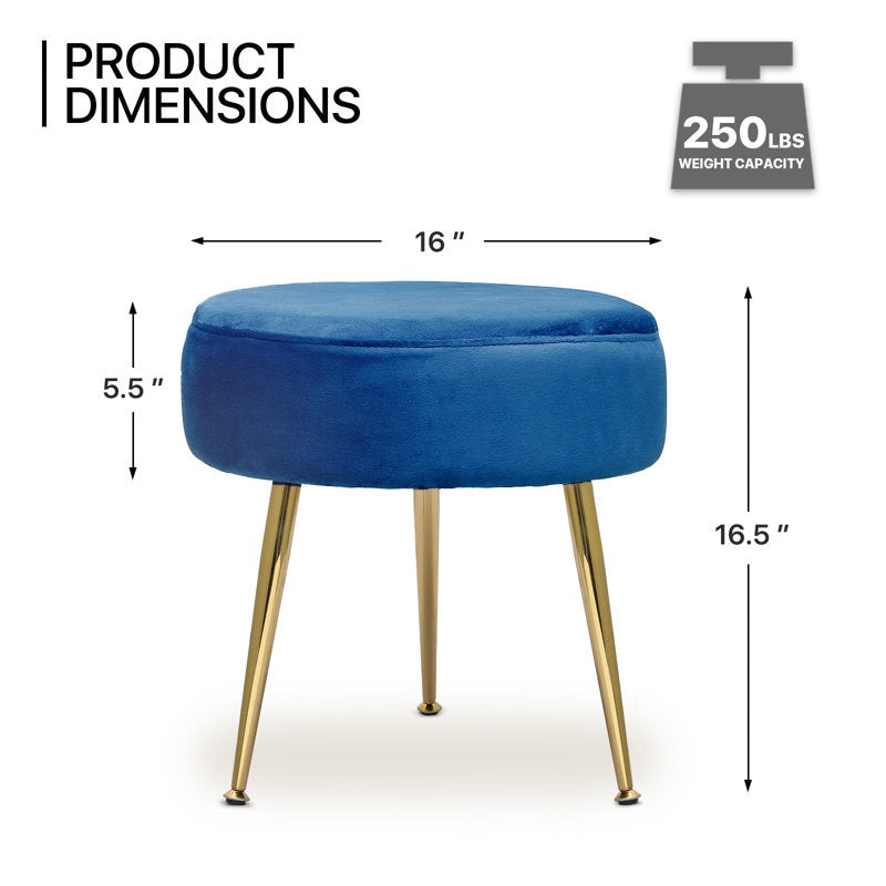 Designer Rich Blue Velvet Vanity Seat with Sturdy Golden Legs
