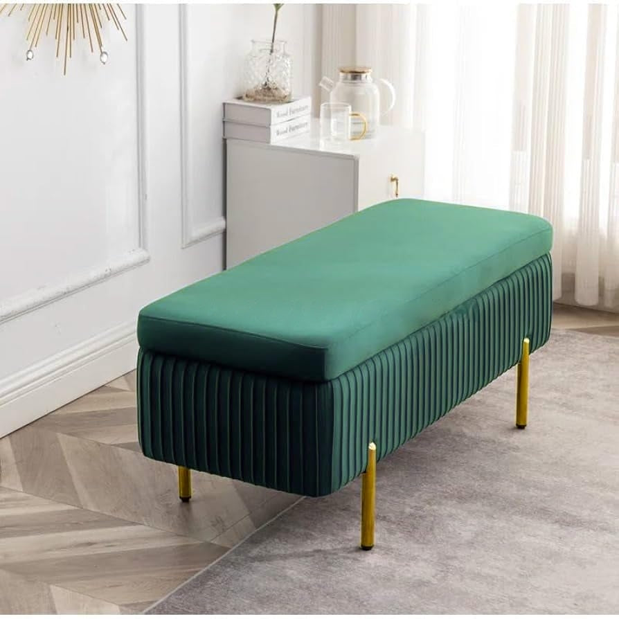 Designer Rich Green Velvet Bench with Smart Storage Ottoman