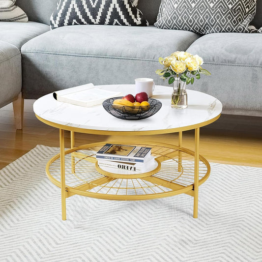 Designer Round Modern Center Table with White Marble Golden Metal Finish - Decor Smart