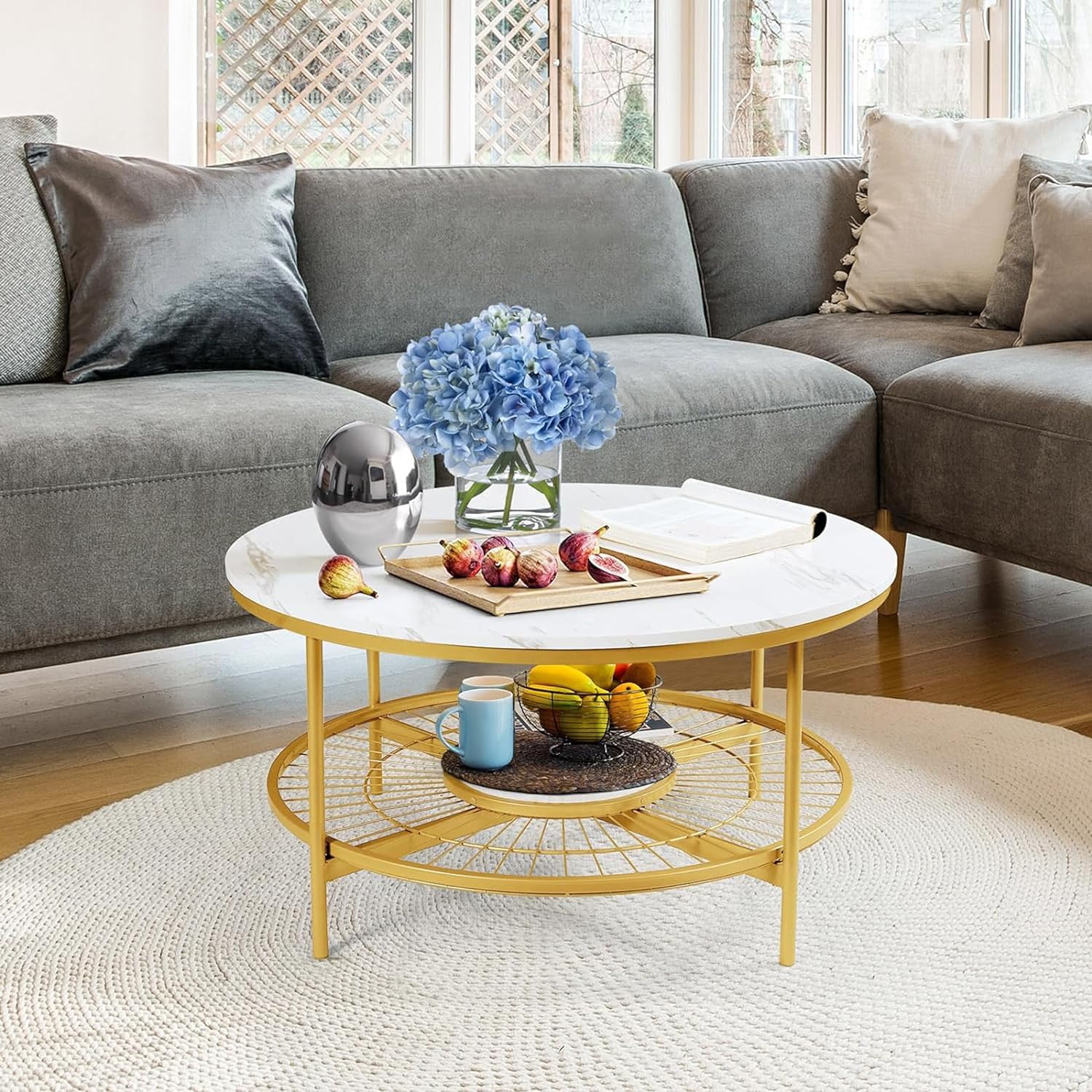 Designer Round Modern Center Table with White Marble Golden Metal Finish - Decor Smart