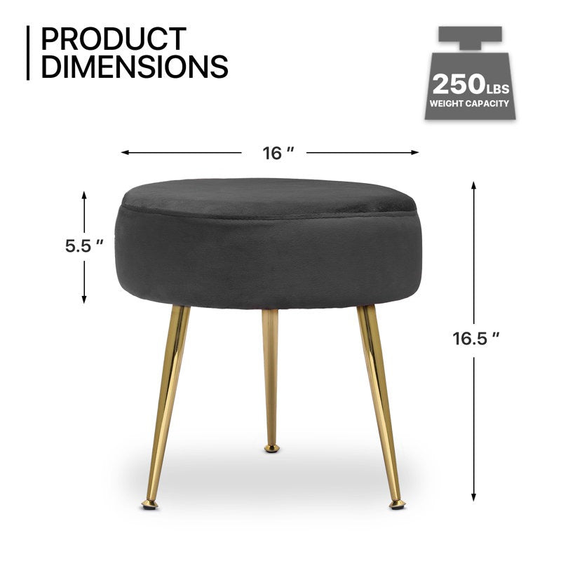 Designer Royal Black Velvet Vanity Seat with Sturdy Golden Legs