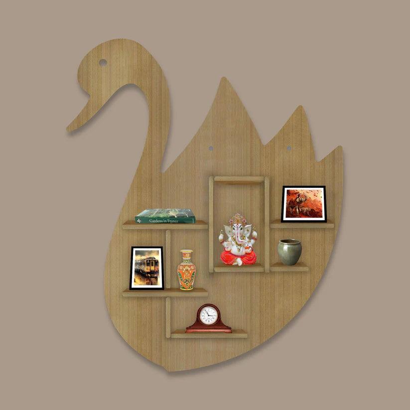 Designer Swan Shape Backlit Wooden LED Light Wall Shelf with Oak Finish - Decor Smart