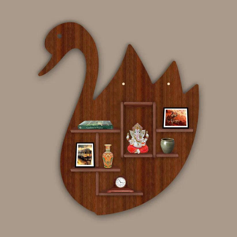 Designer Swan Shape Backlit Wooden LED Light Wall Shelf with Walnut Finish - Decor Smart
