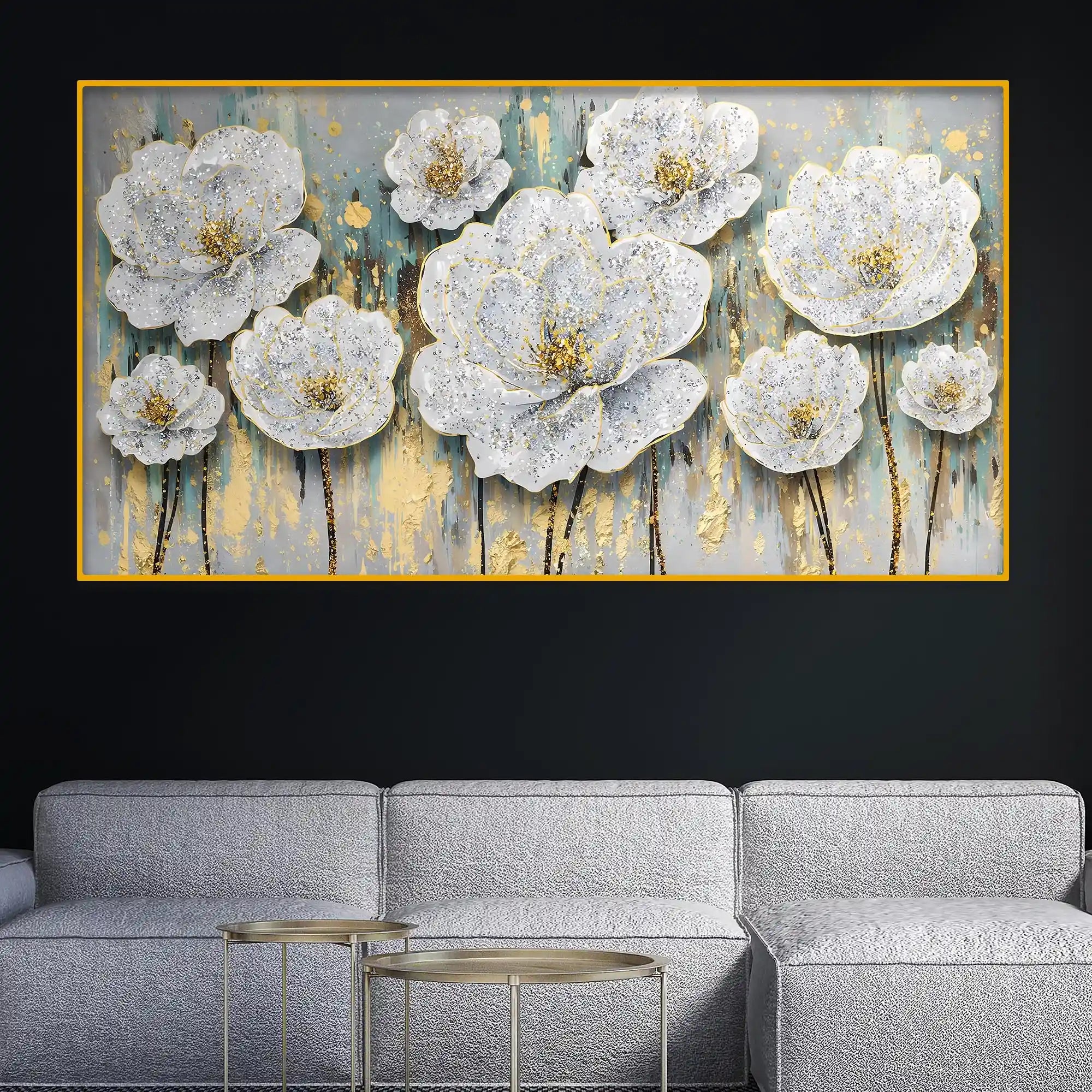 Designer White Floral Crystal Glass Painting