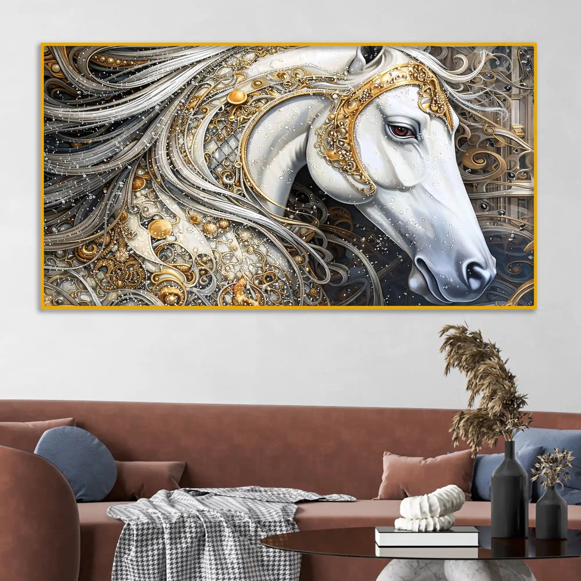 Designer White Horse Crystal Glass Painting for Modern Wall Décor