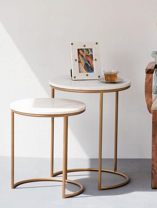 Designer White Marble Top Iron Stand Coffee Table Set of 2 - Decor Smart