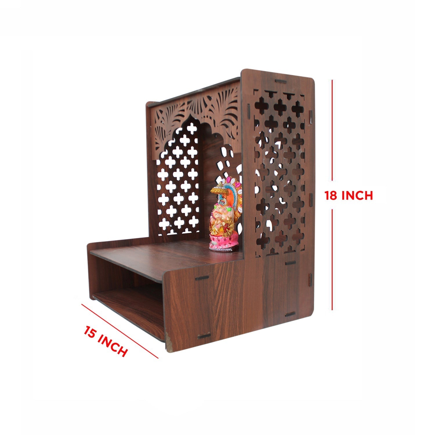 Designer Wooden Temple for Home with Spacious Shelf & Inbuilt Focus Lights - Decor Smart