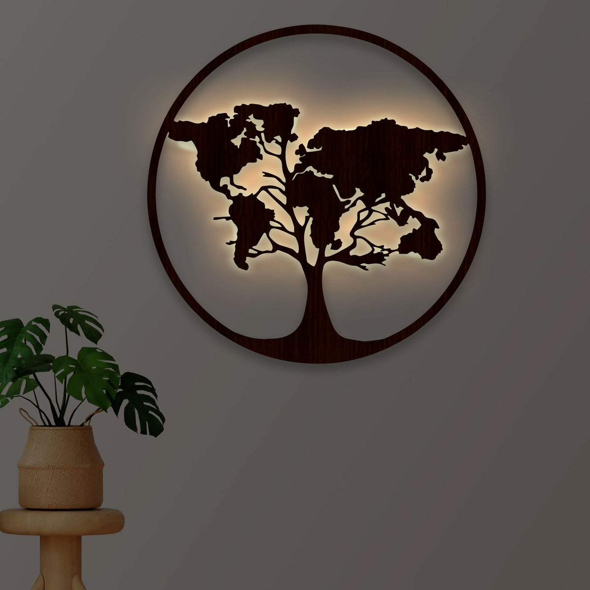 Designer World Map Tree Backlit Wooden Wall Art with LED Night Light Walnut Finish - Decor Smart
