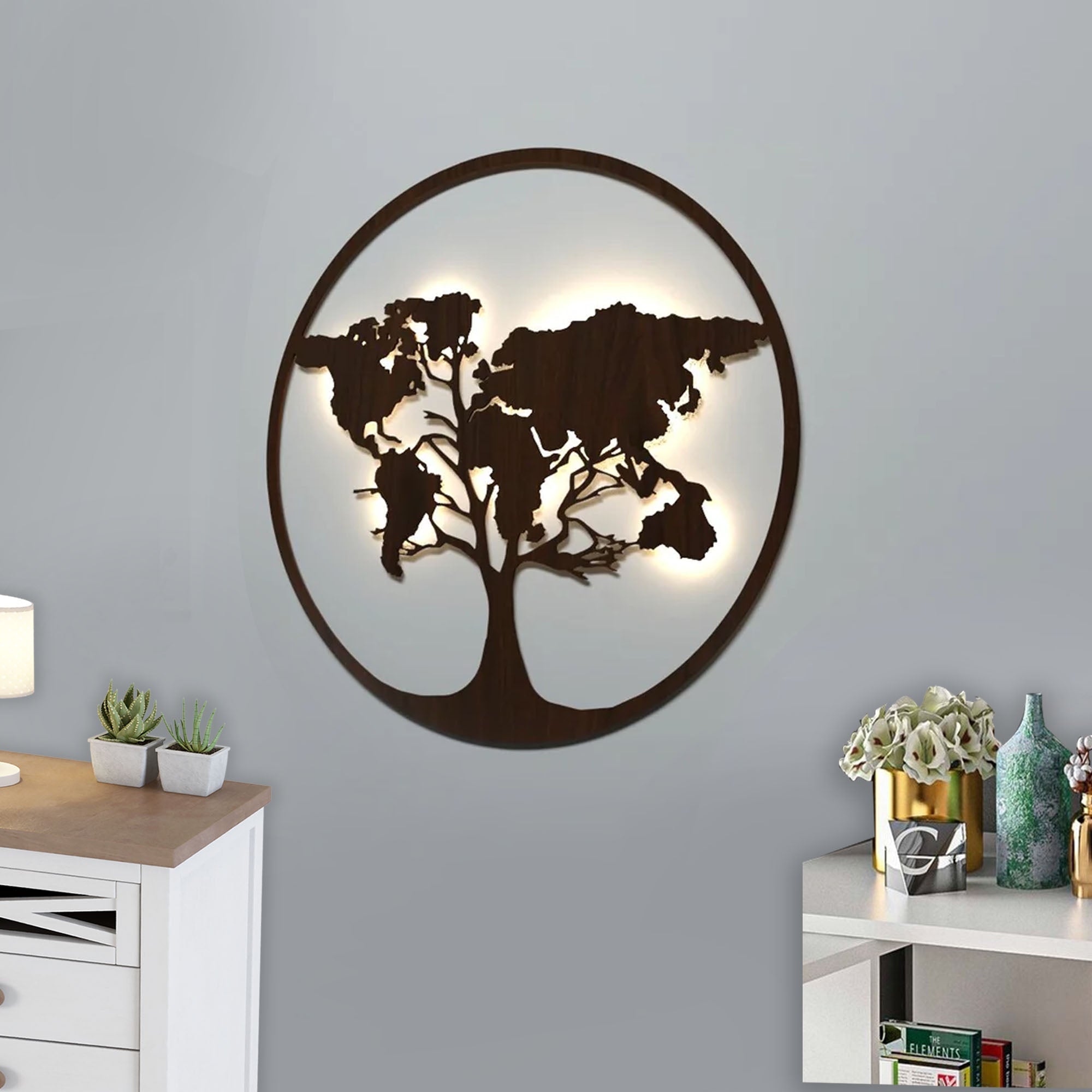 Designer World Map Tree Backlit Wooden Wall Art with LED Night Light Walnut Finish - Decor Smart