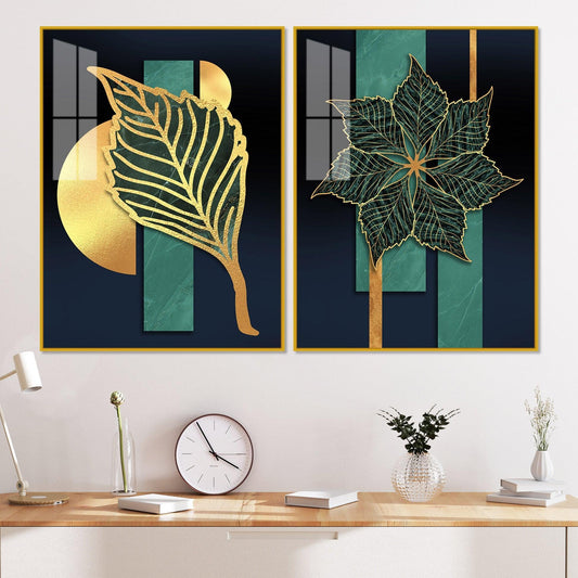 Detailed Leaves Pattern Acrylic Floating Wall Painting Set of 2 - Decor Smart