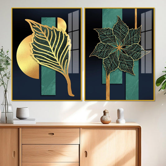 Detailed Leaves Pattern Acrylic Floating Wall Painting Set of 2 - Decor Smart