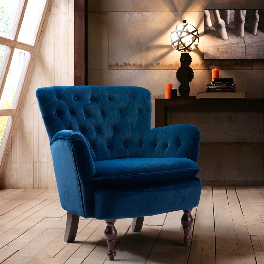 Detailed Tufted Super Comfy Navy Blue Velvet Sofa Lounge Chair - Decor Smart