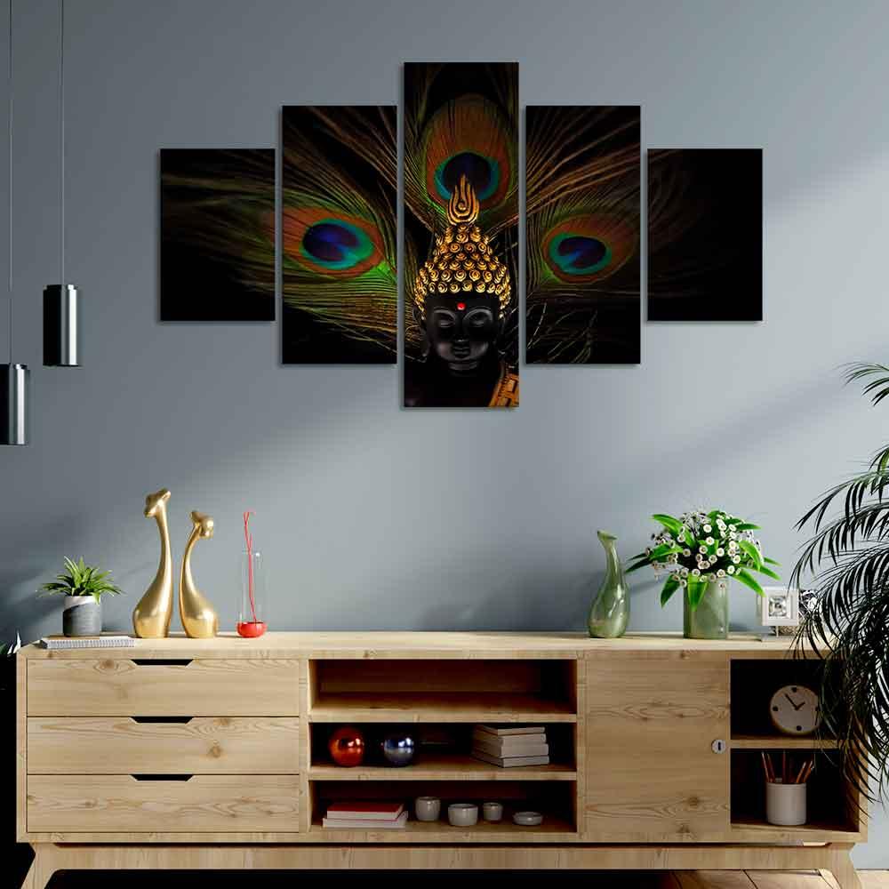 Divine God Buddha With Peacock Feather Wall Painting of Five Pieces - Decor Smart