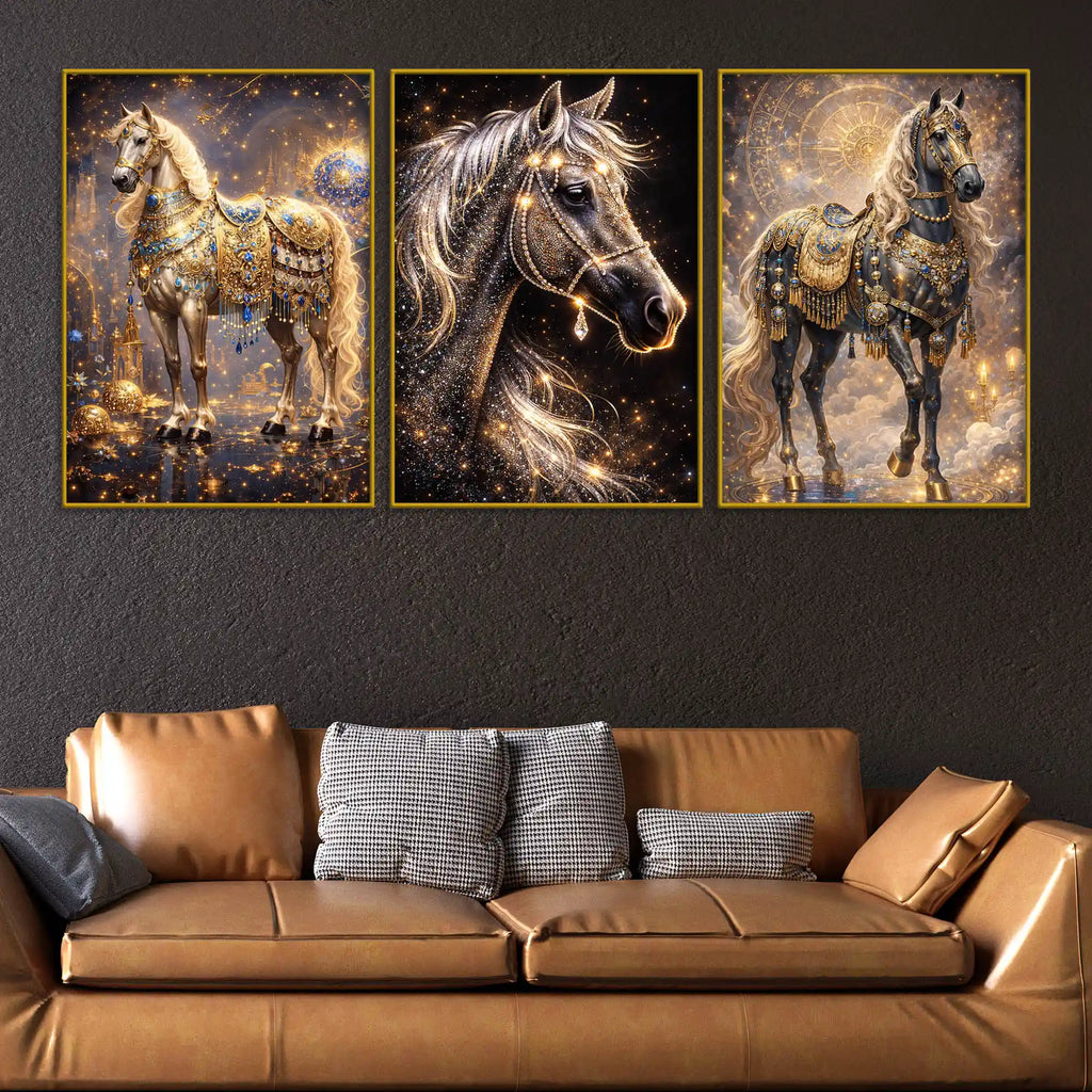 Divine Golden Stallions Under Starry Cosmos Floating Frame Crystal Wall Painting Set of 3
