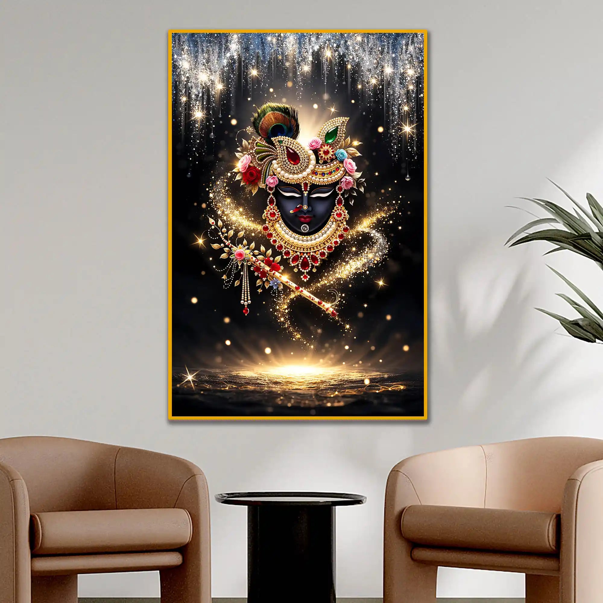 Divine Krishna Face with Flute Floating Frame Crystal Wall Painting