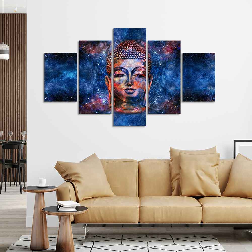 Divine Lord Buddha Head Colorful Wall Painting Five Pieces