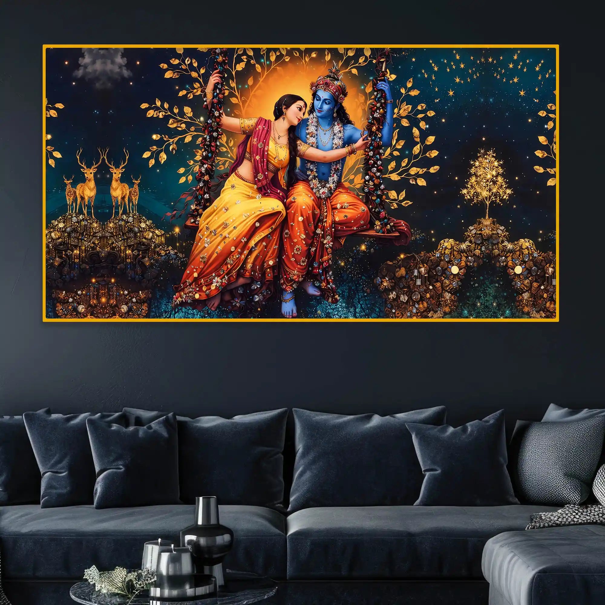 Divine Radha Krishna Jhula Wall Art Crystal Glass Painting