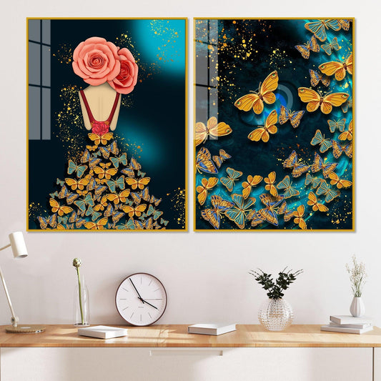 Dress of Golden Butterflies Acrylic Floating Wall Painting Set of 2 - Decor Smart