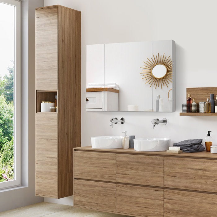 Dual LED Strip With Three Door White Bathroom Mirror Cabinet