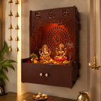 Designer Om Chakra Brown Wood Temple with Inbuilt Focus Light & Spacious Shelf