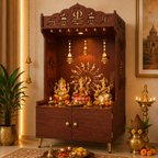 White Wooden Floor Pooja Mandir with Trishul & Kalash Design Laser-Cut Bell & Lotus Motifs & Storage Cabinet