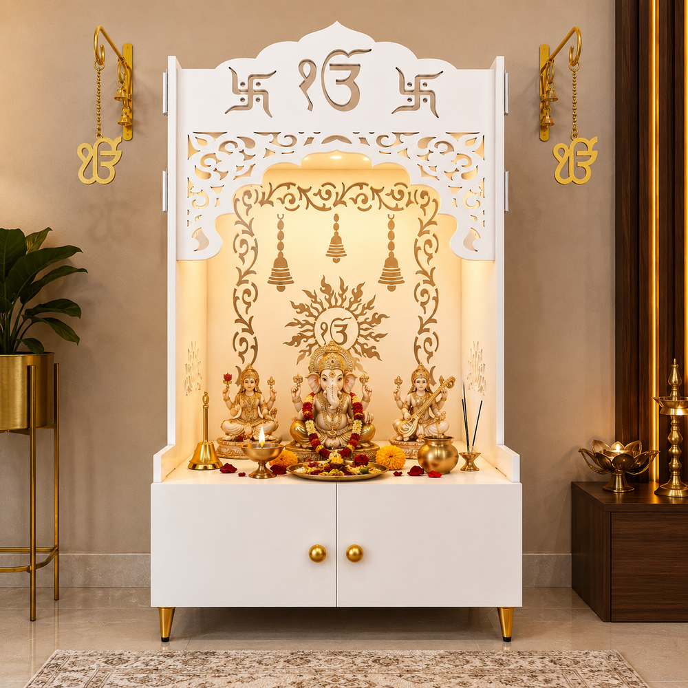White Wooden Floor Pooja Mandir with Ik Onkar & Swastik Design Ornate Arch Laser-Cut Bell Motifs &Cabinet