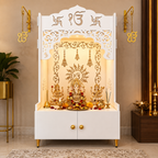 White Wooden Floor Pooja Mandir with Ik Onkar & Swastik Design Ornate Arch Laser-Cut Bell Motifs &Cabinet