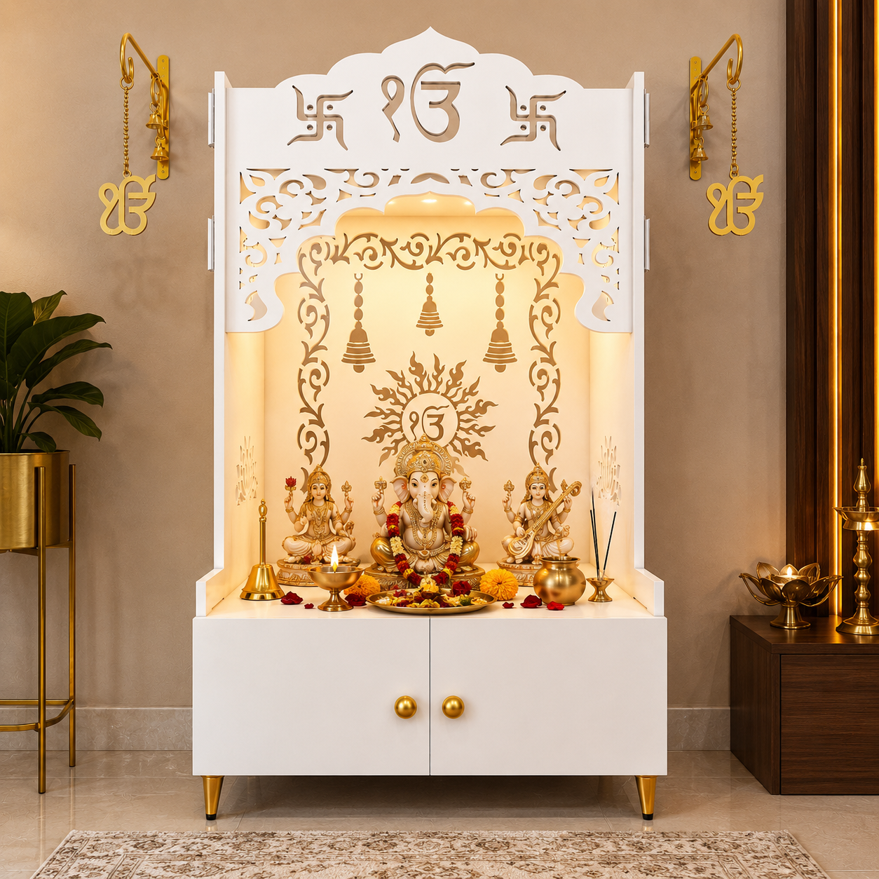White Wooden Floor Pooja Mandir with Ik Onkar & Swastik Design Ornate Arch Laser-Cut Bell Motifs &Cabinet