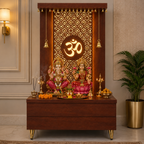 Elegant Wooden Temple with Om Cutwork and Dual Storage Drawers