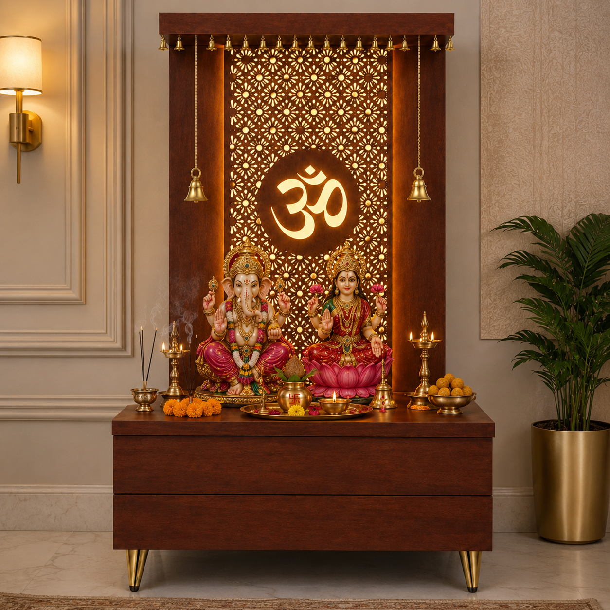 Elegant Wooden Temple with Om Cutwork and Dual Storage Drawers