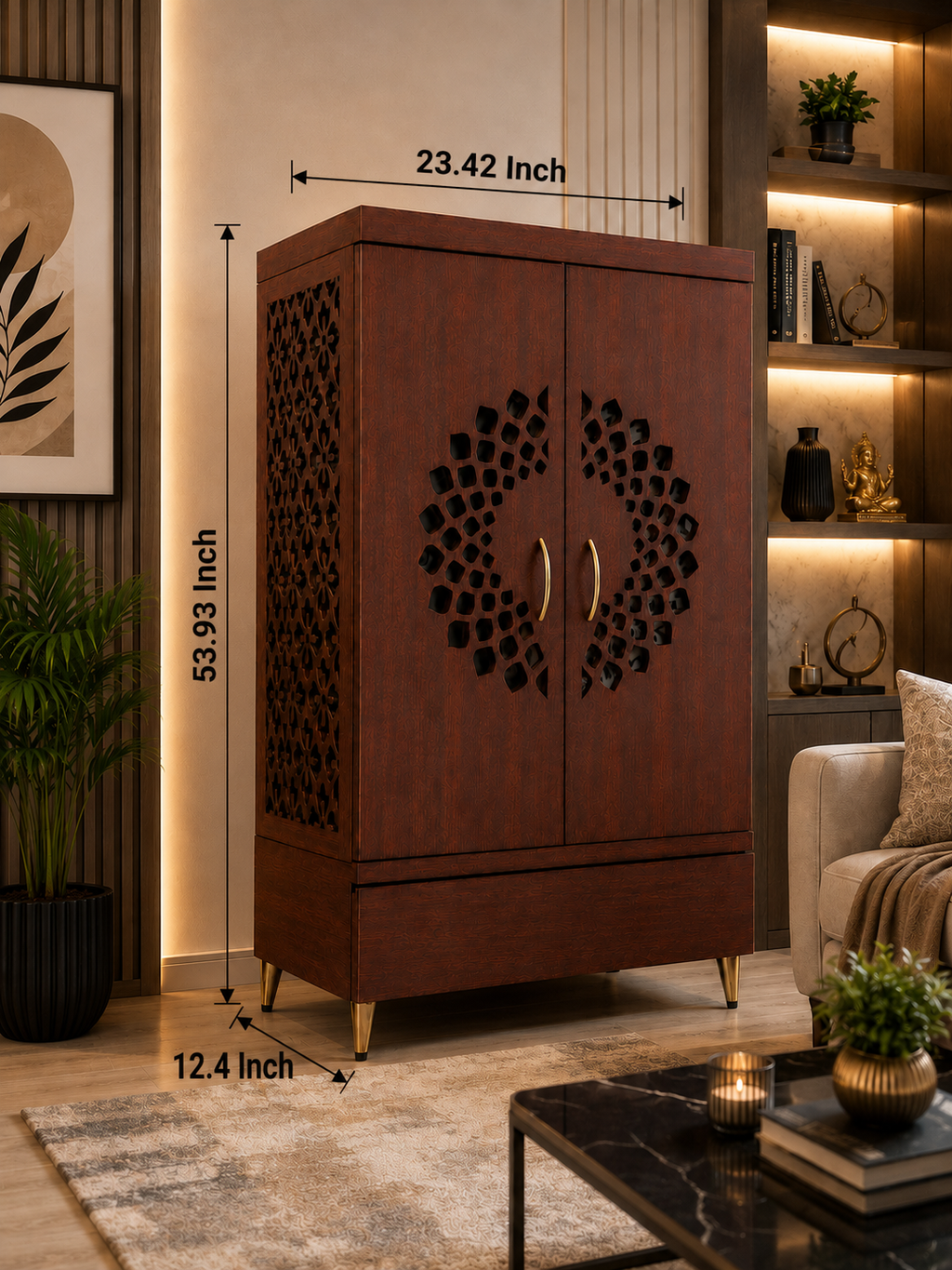 Contemporary Wooden Temple with Illuminated Om and Side Panels