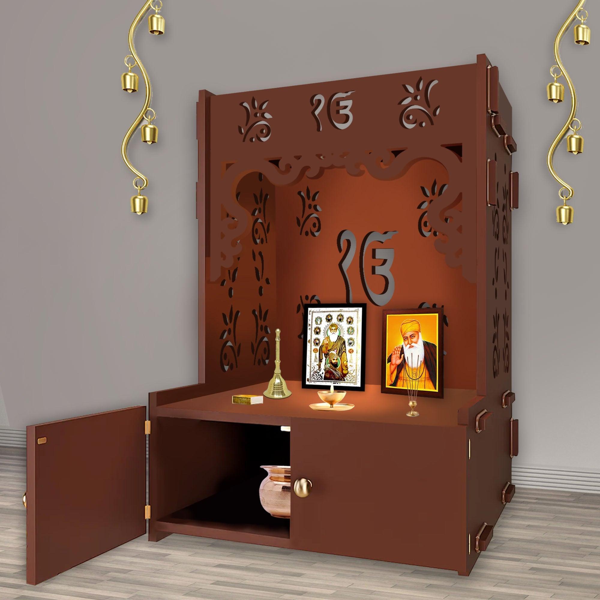 Ek - onkar Holy Symbol Floor Temple with Spacious Wooden Shelf & Inbuilt Focus Light - Brown Finish - Decor Smart