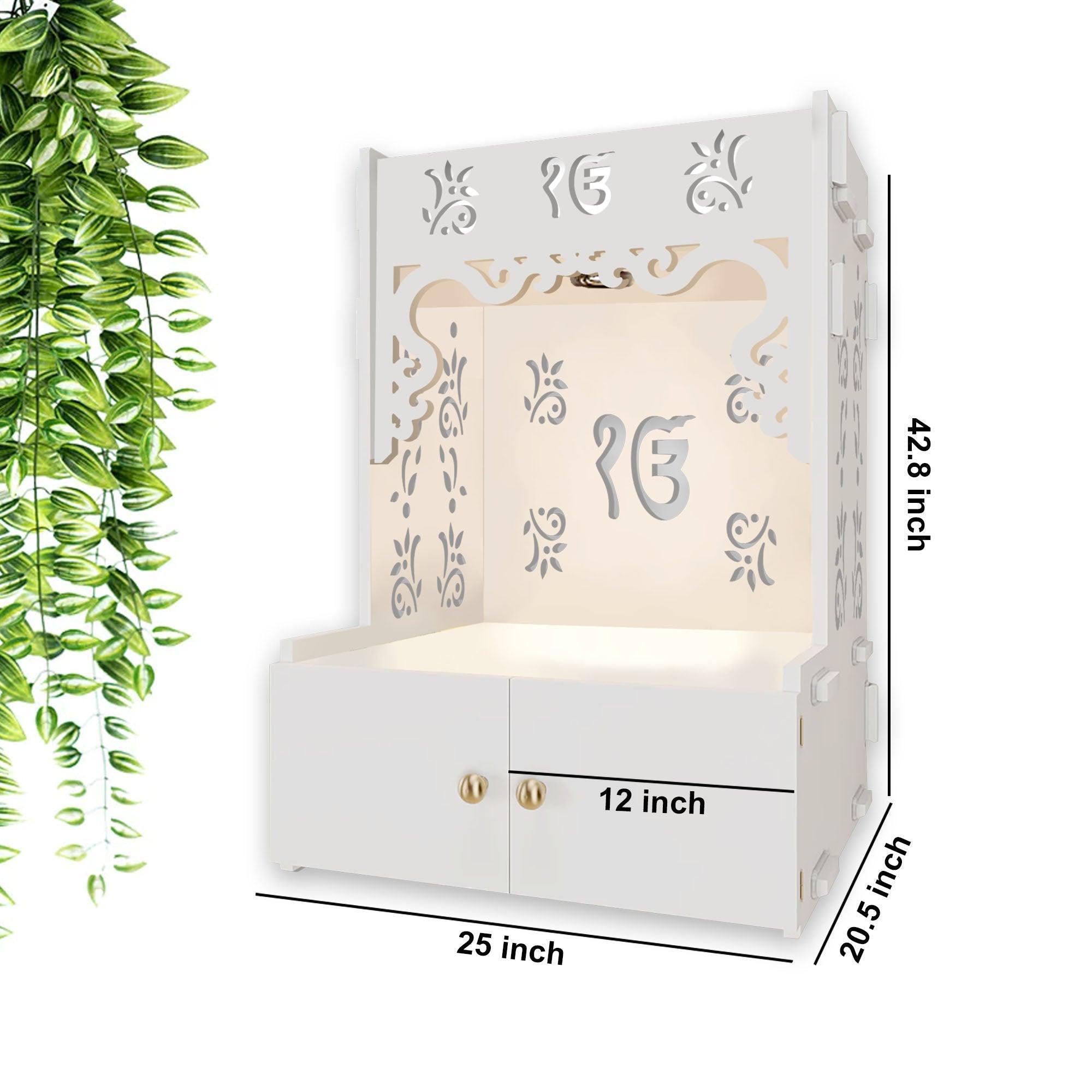 Ek - onkar Holy Symbol Floor Temple with Spacious Wooden Shelf & Inbuilt Focus Light - White Finish - Decor Smart