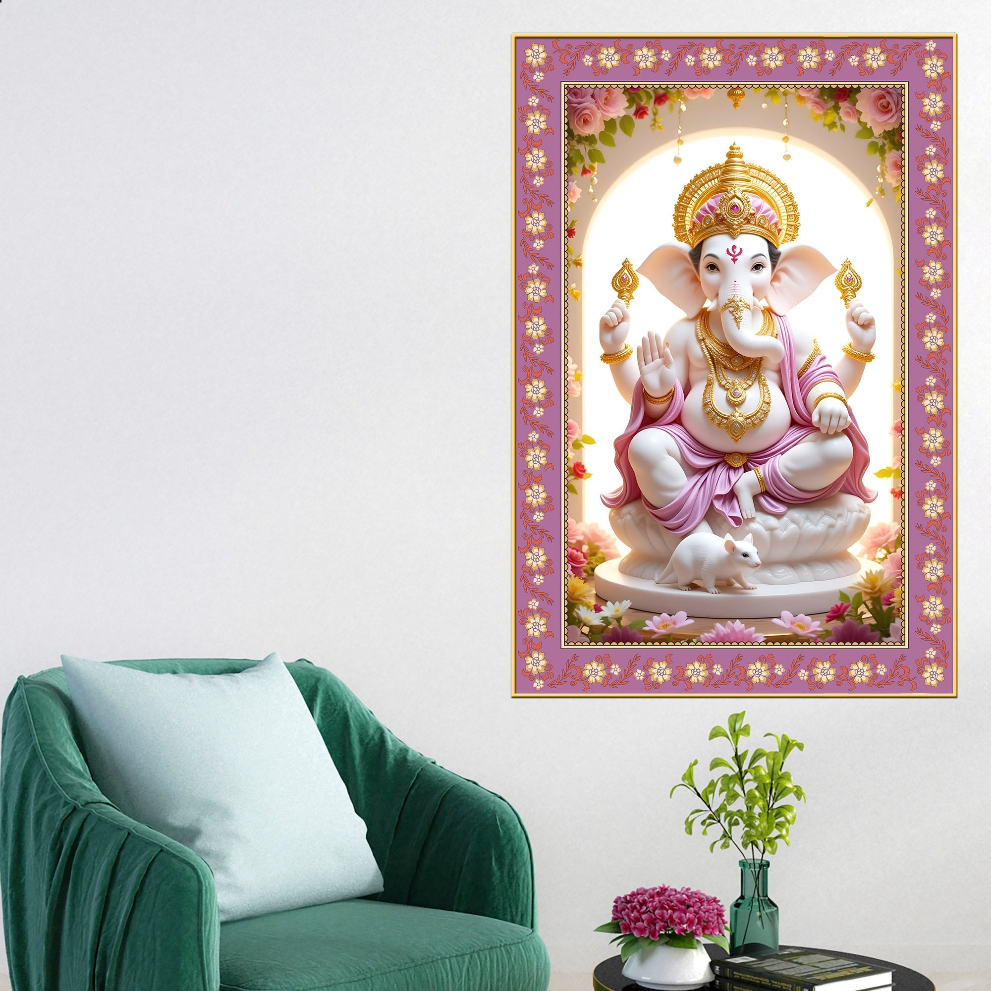 Ekadanta Ganesha Floral Border Vertical Wall Painting