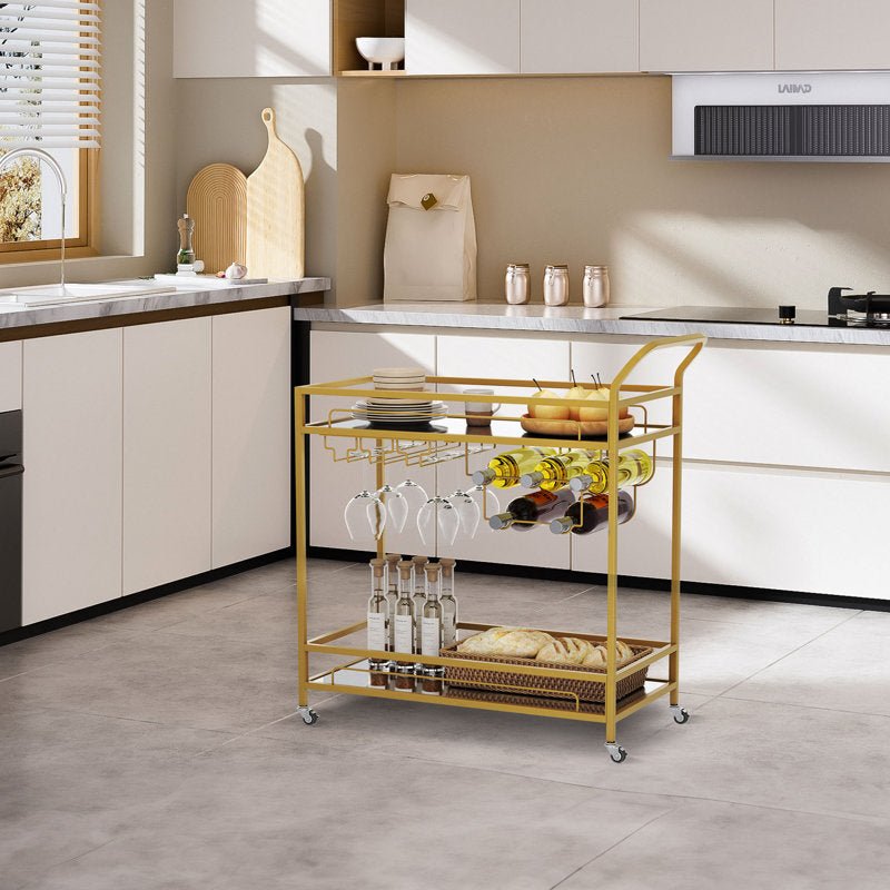 Eleanora Mirored Stainless Steel Bar Serving Cart In Gold Finish - Decor Smart