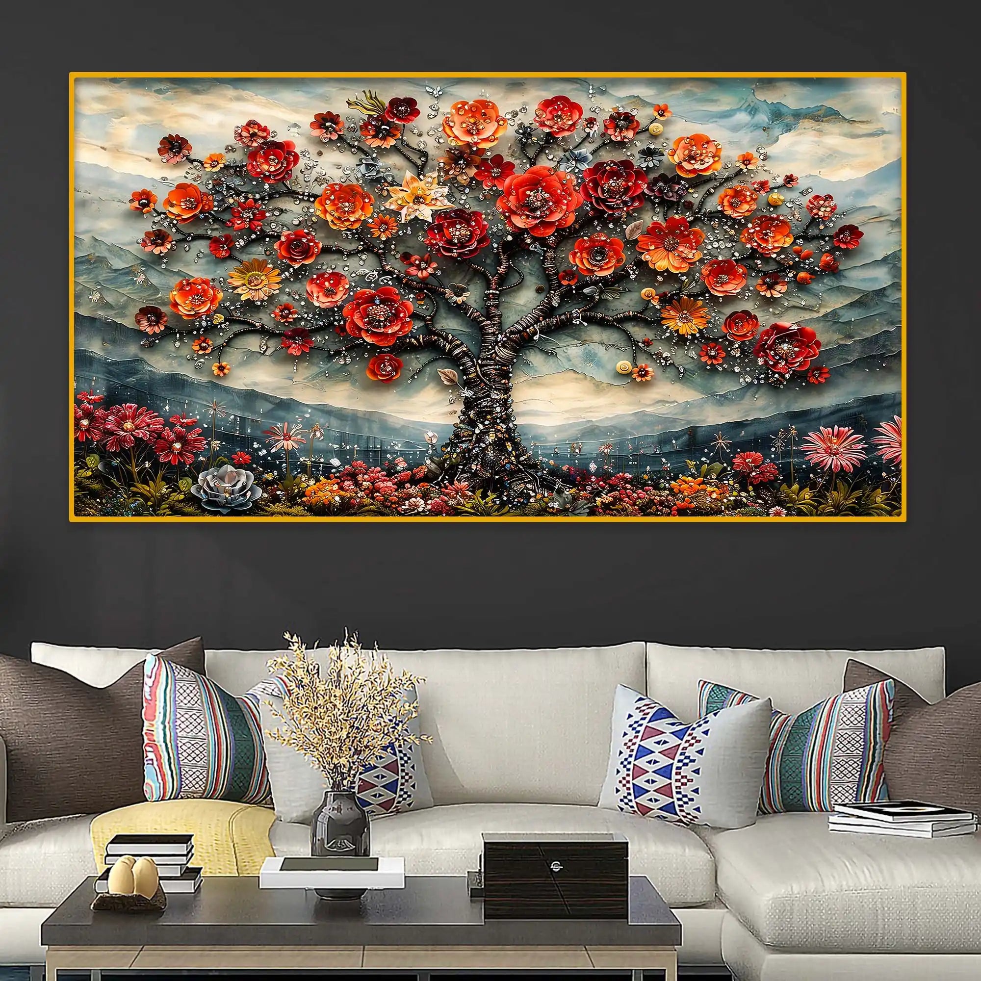 Elegant Floral Tree Crystal Glass Painting for Living Room
