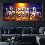 Elegant Galloping White Horses with Golden Sunset Floating Frame Crystal Wall Painting Set of 3