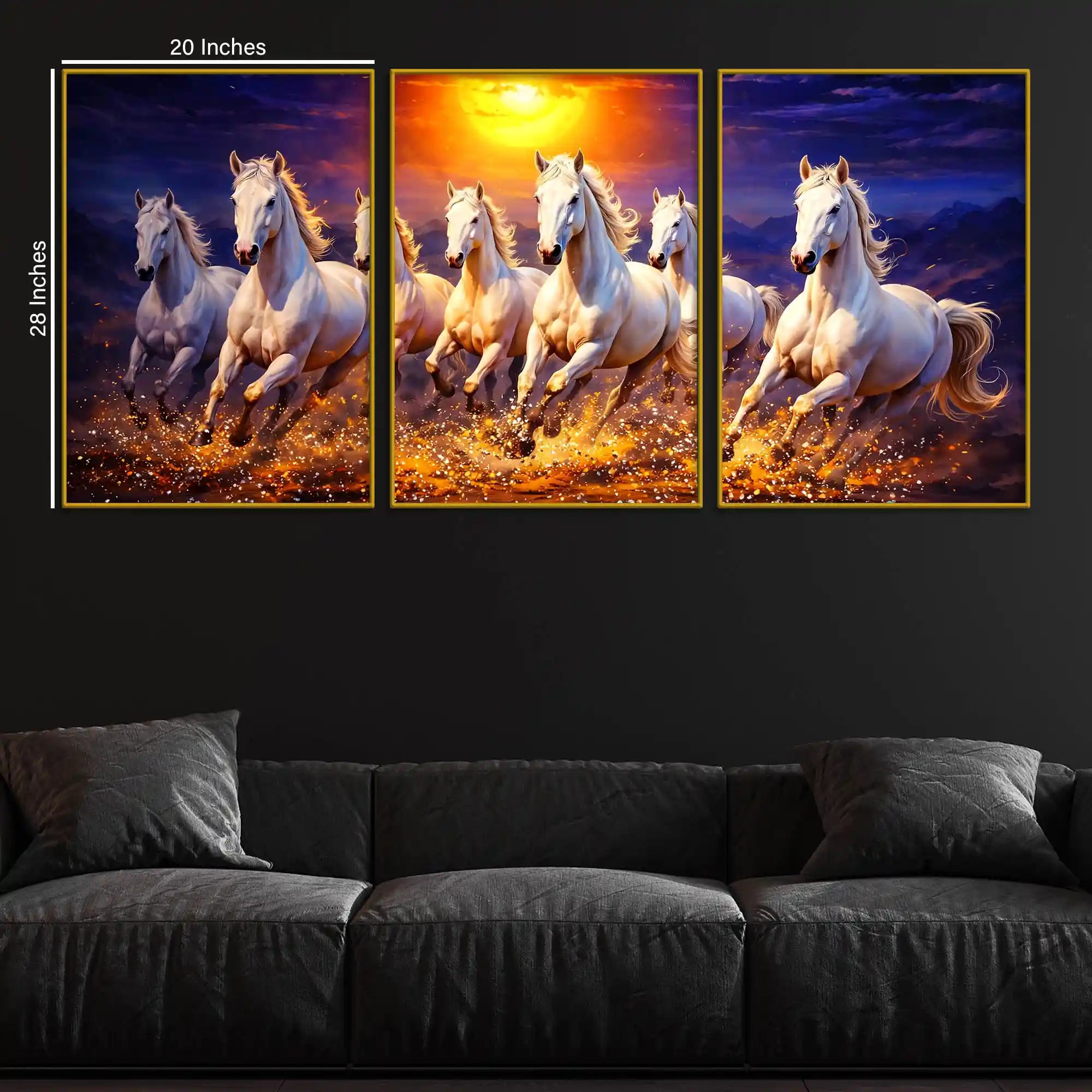 Elegant Galloping White Horses with Golden Sunset Floating Frame Crystal Wall Painting Set of 3