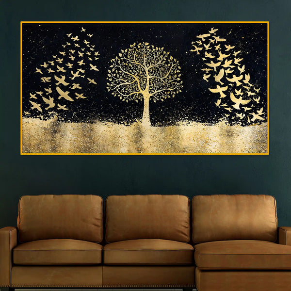 Elegant Gold Tree and Birds Crystal Glass Wall Décor Painting