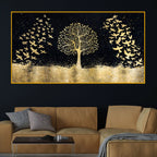 Elegant Gold Tree and Birds Crystal Glass Wall Décor Painting