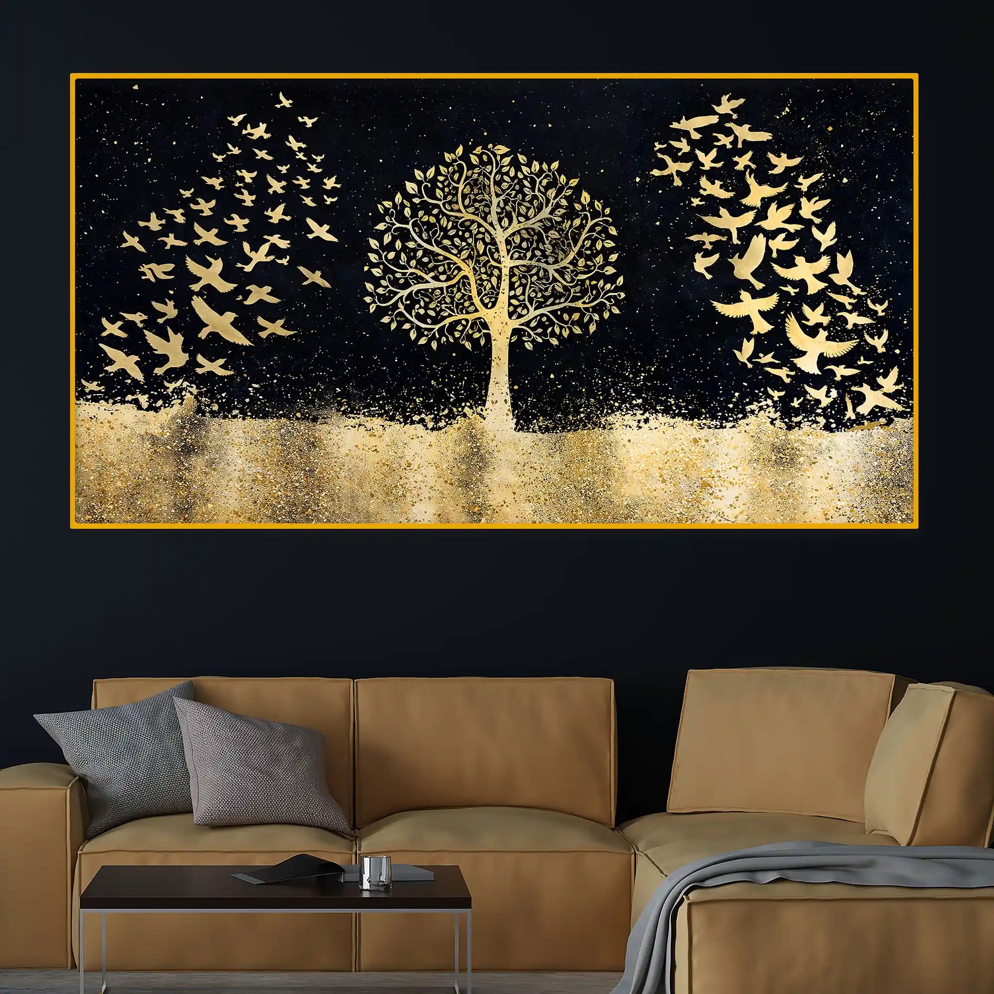 Elegant Gold Tree and Birds Crystal Glass Wall Décor Painting