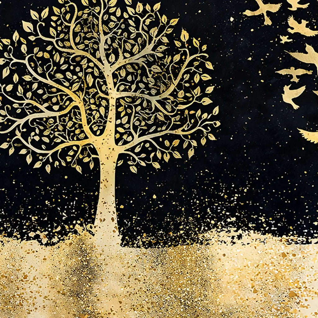 Elegant Gold Tree and Birds Crystal Glass Wall Décor Painting