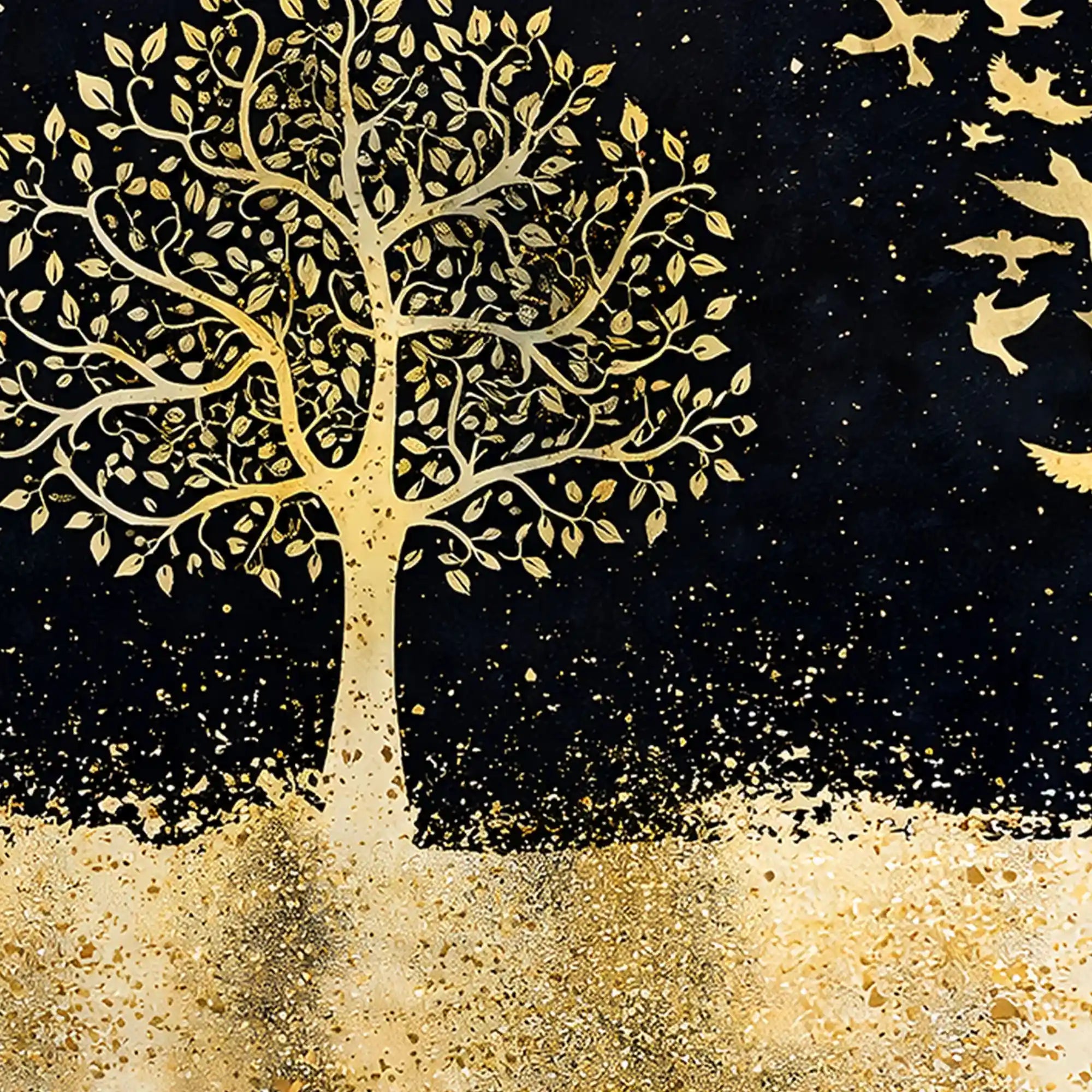 Elegant Gold Tree and Birds Crystal Glass Wall Décor Painting