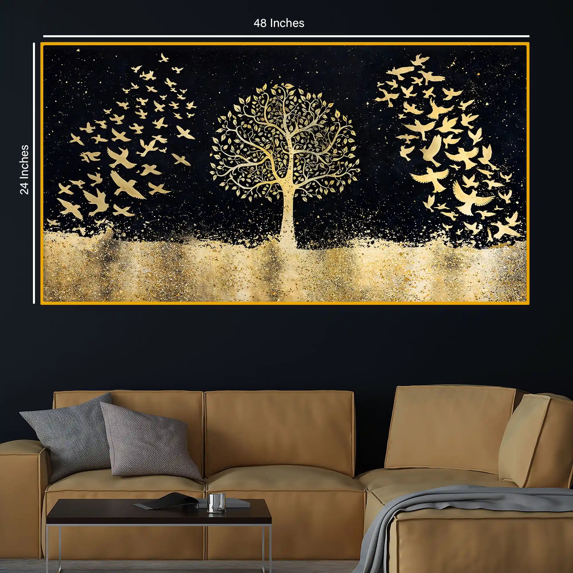 Elegant Gold Tree and Birds Crystal Glass Wall Décor Painting