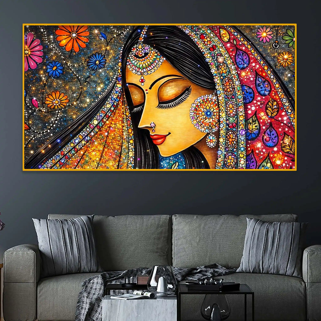 Elegant Indian Woman Crystal Glass Wall Painting for Living Room Décor