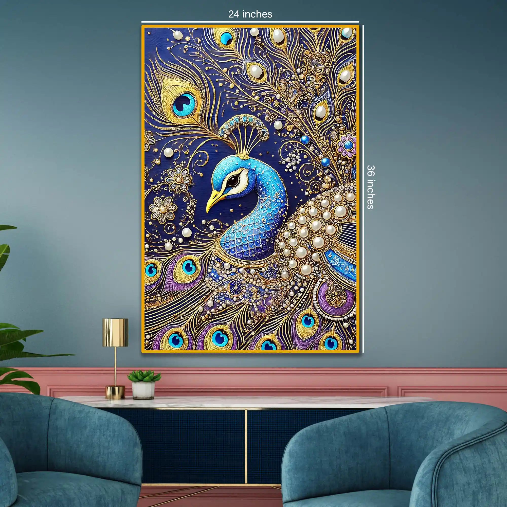 Elegant Peacock Painting Floating Frame Crystal Wall Painting
