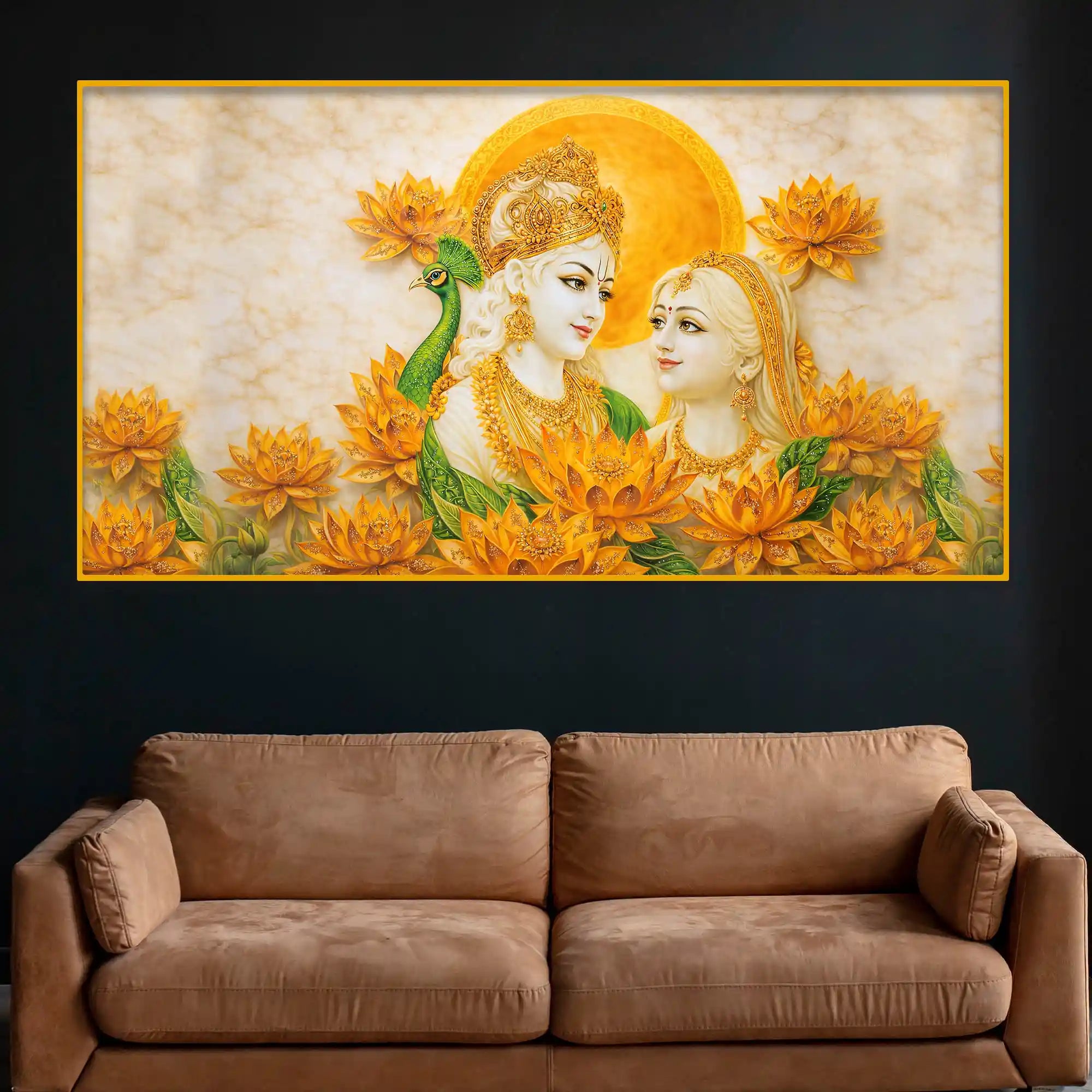 Elegant Radha Krishna Lotus Floral Crystal Glass Wall Painting