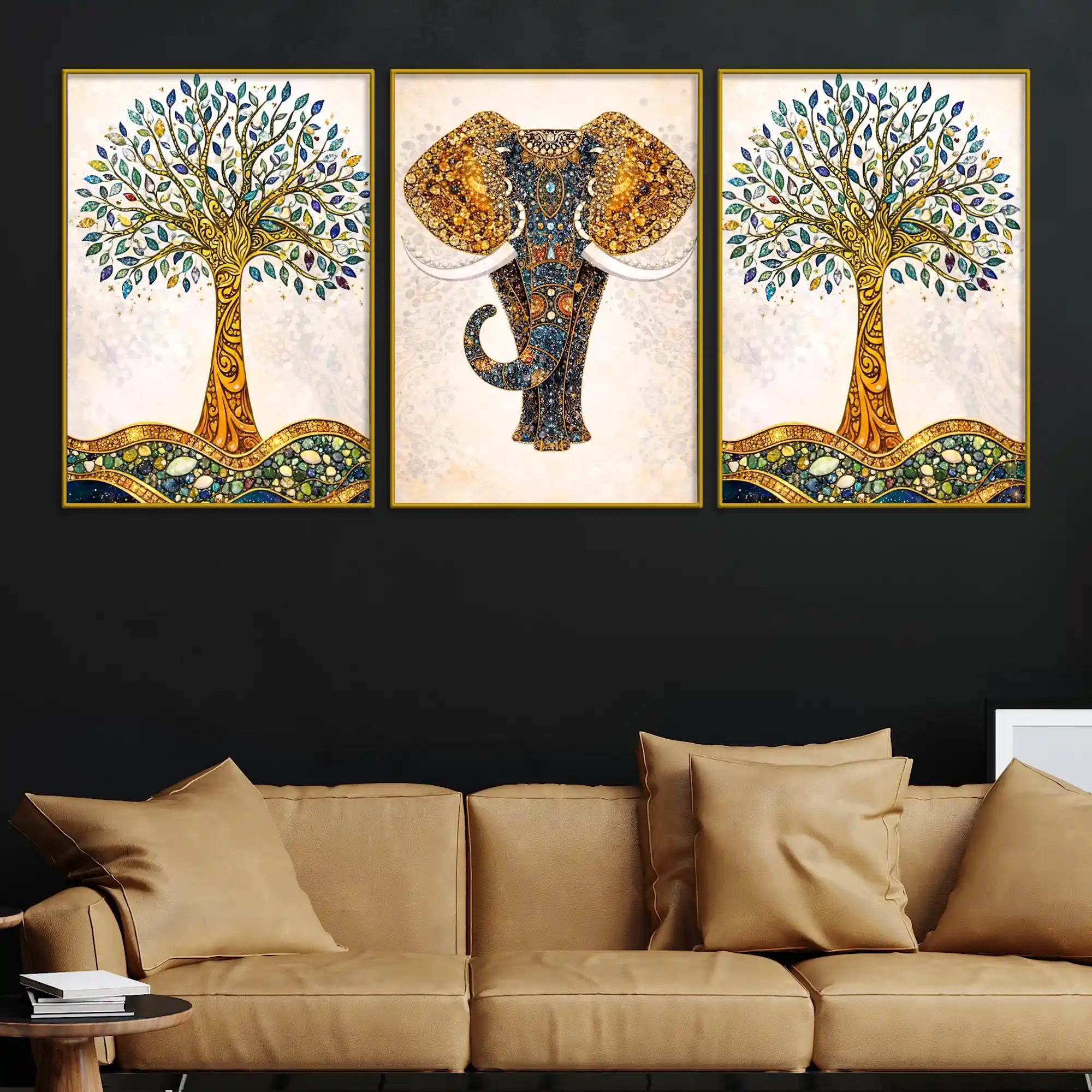 Elegant Tree of Life with Artistic Elephant Floating Frame Crystal Wall Painting Set of 3
